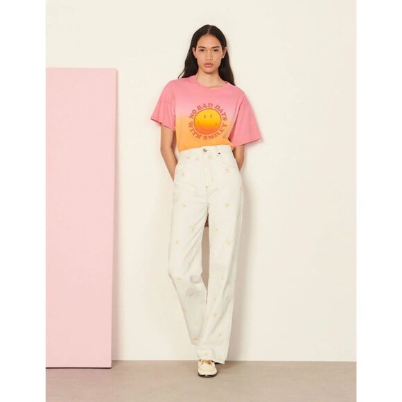 SANDRO Cyriaque White Embroidered Daisy Floral Wide Leg Jeans, Size 36/4/S - Picture 2 of 16